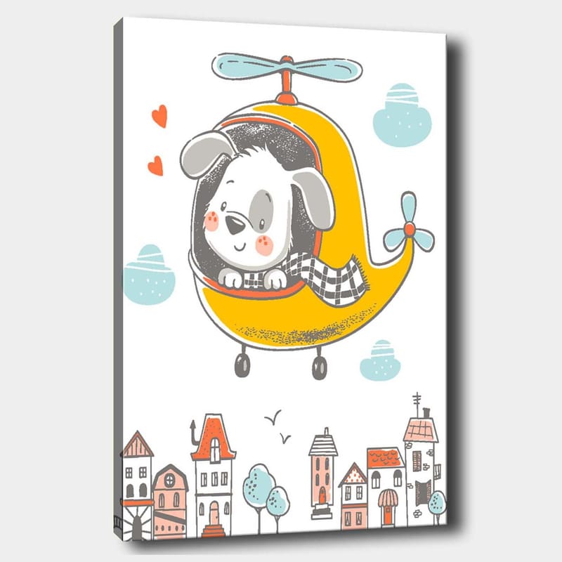 Canvastavla 70x100 cm - Glad hund som flyger i en gul helikopter över en stad med färgglada hus, Gul / Grå / Blå