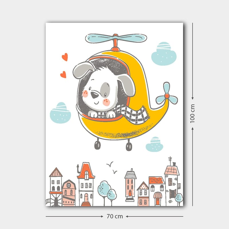 Canvastavla 70x100 cm - Glad hund som flyger i en gul helikopter över en stad med färgglada hus - Gul / Grå / Blå - Inredning - Tavlor & konst - Canvastavlor