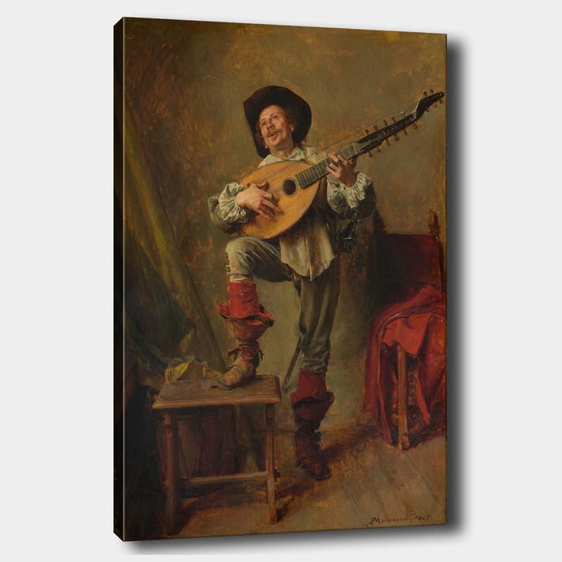 Canvastavla 70x100 cm - Glad man som spelar luta med en livlig och uttrycksfull pose - Röd / Grön / Beige - Inredning - Tavlor & konst - Canvastavlor