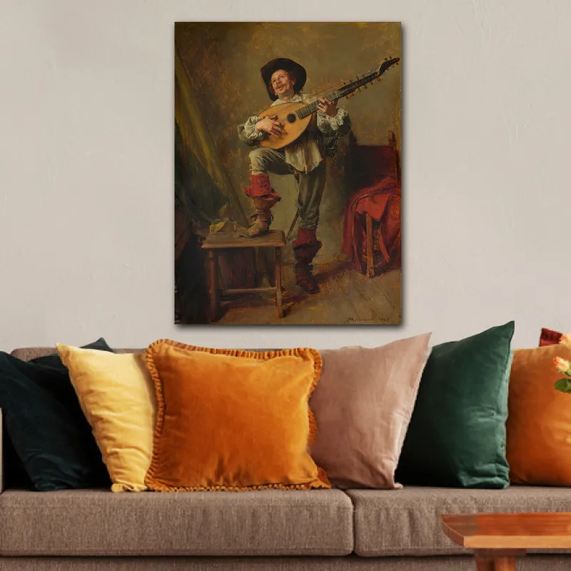 Canvastavla 70x100 cm - Glad man som spelar luta med en livlig och uttrycksfull pose, Röd / Grön / Beige