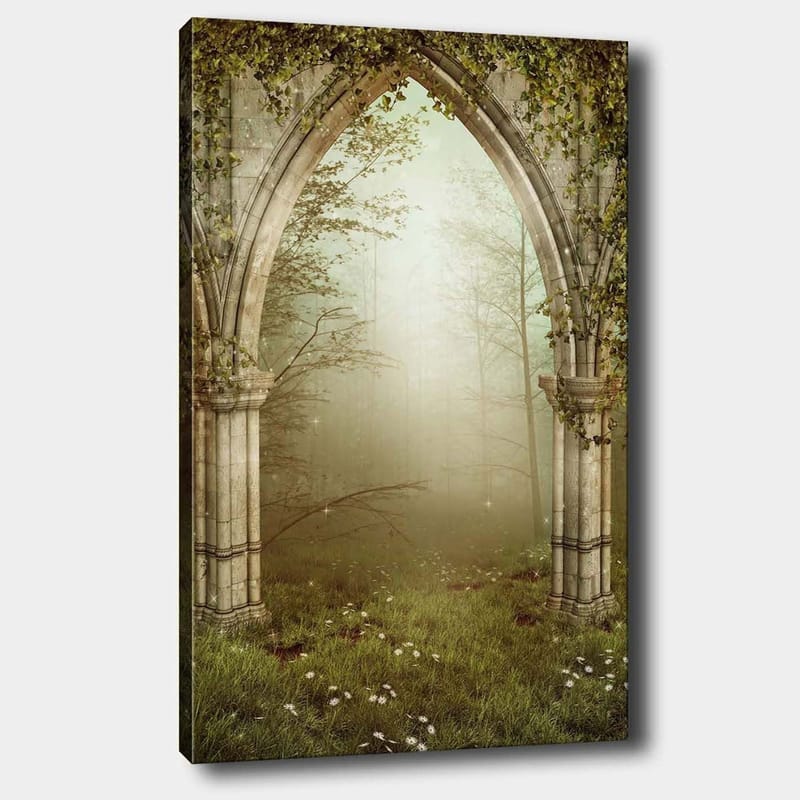 Canvastavla 70x100 cm - Gotisk portal omgiven av grönska och dimma i en mystisk skogsmiljö, Grå / Grön / Beige