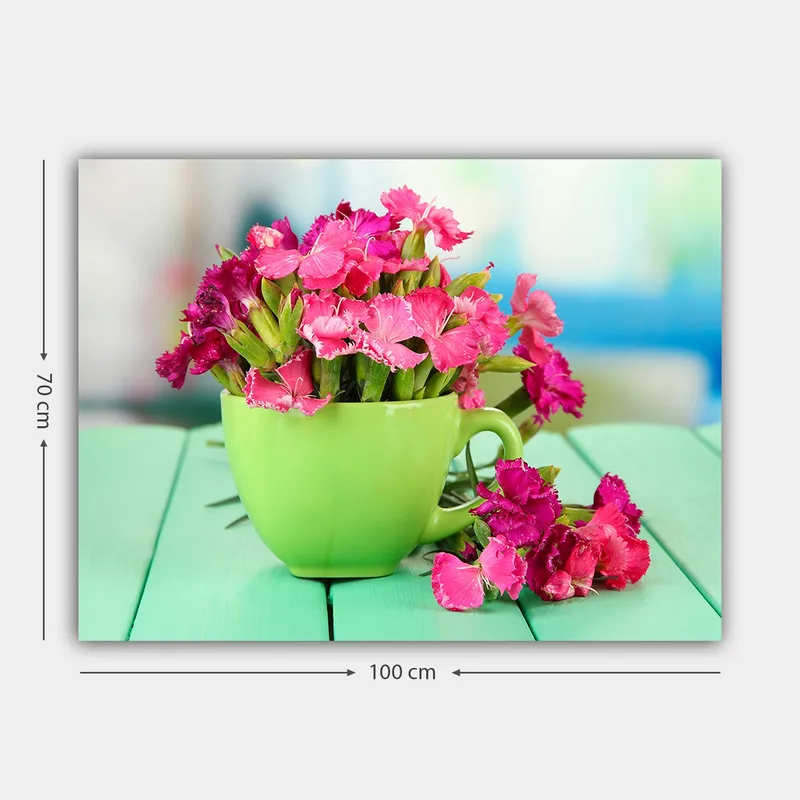 Canvastavla 70x100 cm - Grön kopp fylld med rosa blommor - Grön / Rosa - Inredning - Tavlor & konst - Canvastavlor