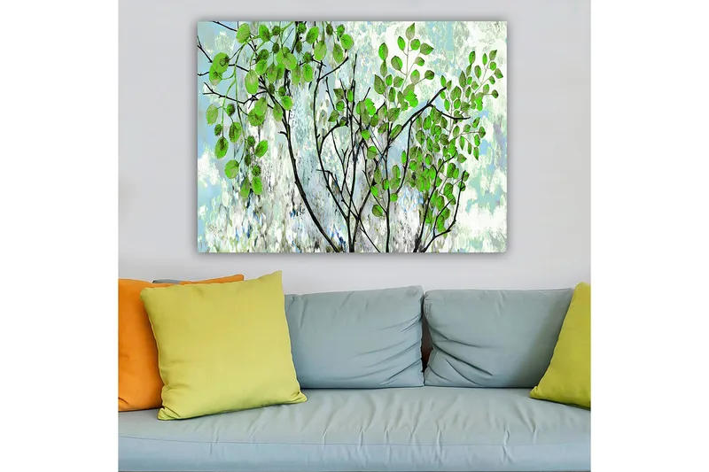 Canvastavla 70x100 cm - Grönskande grenar med livfulla löv i en harmonisk komposition - Grön / Svart / Ljusblå - Inredning - Tavlor & konst - Canvastavlor