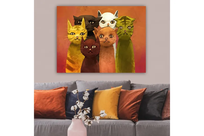 Canvastavla 70x100 cm - Grupp av sex färgglada katter i olika nyanser som står tillsammans - Gul / Brun / Grön - Inredning - Tavlor & konst - Canvastavlor