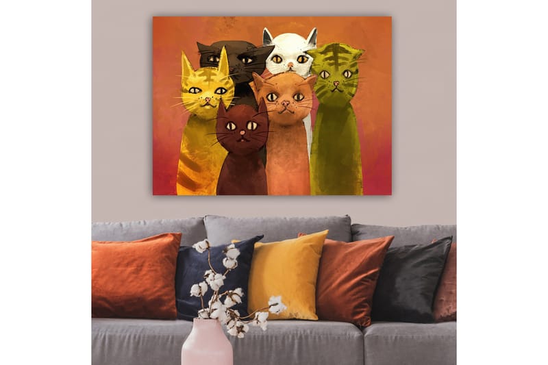 Canvastavla 70x100 cm - Grupp av sex färgglada katter i olika nyanser som står tillsammans - Gul / Brun / Grön - Inredning - Tavlor & konst - Canvastavlor