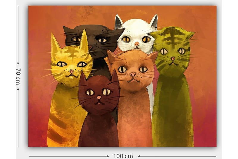 Canvastavla 70x100 cm - Grupp av sex färgglada katter i olika nyanser som står tillsammans - Gul / Brun / Grön - Inredning - Tavlor & konst - Canvastavlor