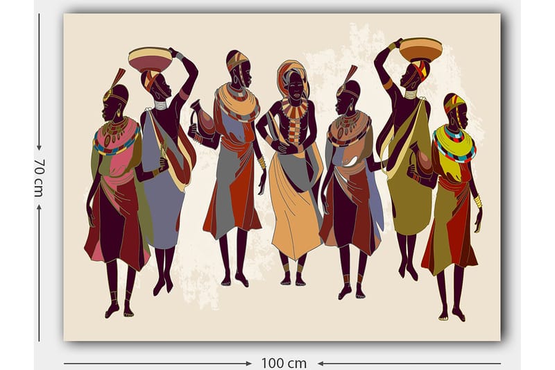 Canvastavla 70x100 cm - Grupp kvinnor i traditionella kläder som bär föremål på huvudet och i händerna - Mörkbrun / Röd / Grön - Inredning - Tavlor & konst - Canvastavlor