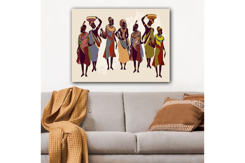 Canvastavla 70x100 cm - Grupp kvinnor i traditionella kläder som bär föremål på huvudet och i händerna - Mörkbrun / Röd / Grön - Inredning - Tavlor & konst - Canvastavlor