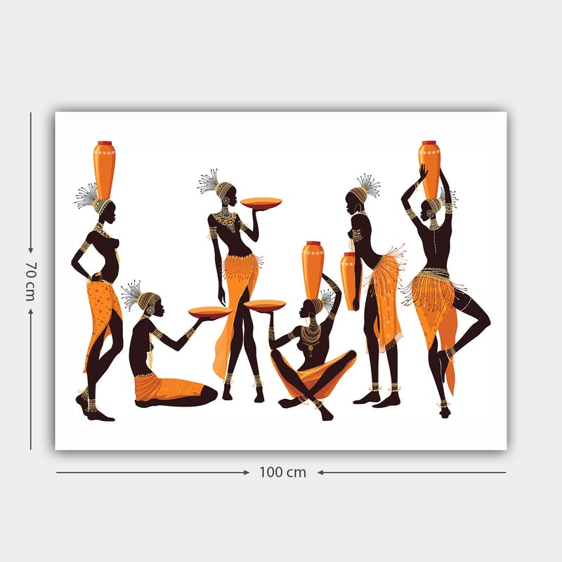 Canvastavla 70x100 cm - Grupp kvinnor i traditionella kläder som bär på kärl och tallrikar - Orange / Svart - Inredning - Tavlor & konst - Canvastavlor