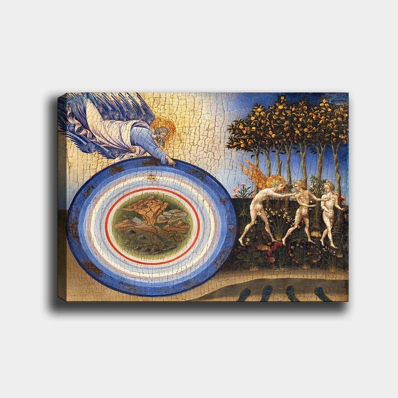 Canvastavla 70x100 cm - Gudomlig figur som sträcker sig mot en cirkel med landskapsmotiv, omgiven av änglar och träd, Blå / Grön / Beige