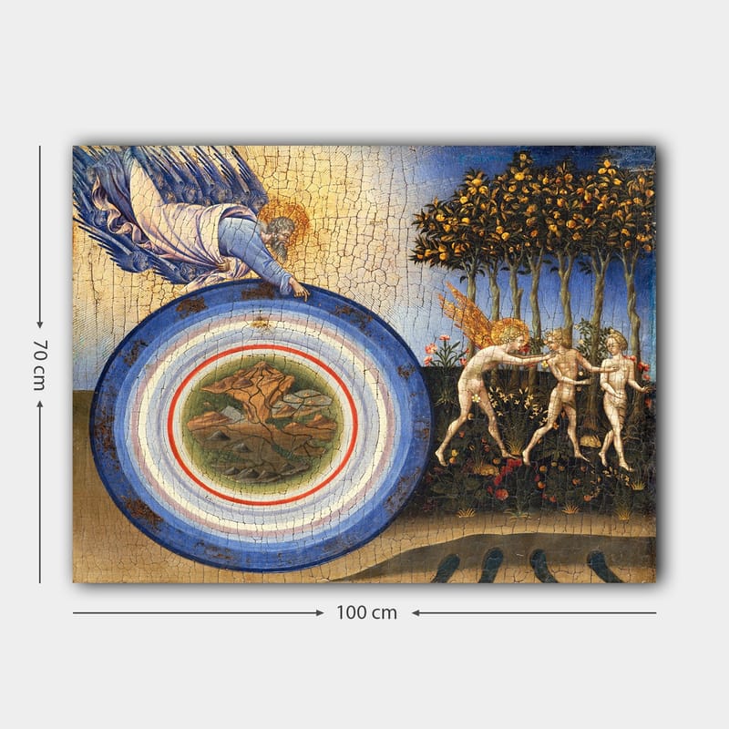 Canvastavla 70x100 cm - Gudomlig figur som sträcker sig mot en cirkel med landskapsmotiv, omgiven av änglar och träd - Blå / Grön / Beige - Inredning - Tavlor & konst - Canvastavlor