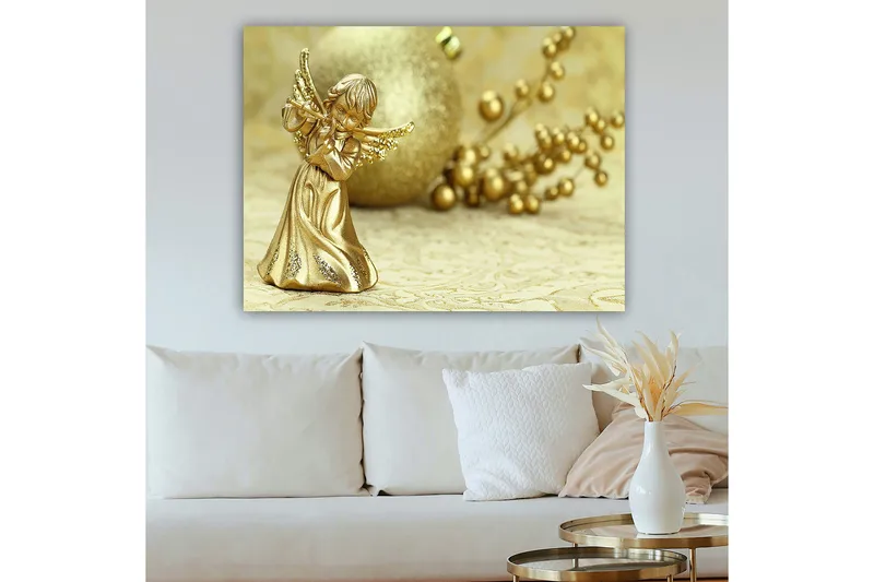 Canvastavla 70x100 cm - Gyllene ängel som spelar flöjt, omgiven av dekorativa element - Guld / Beige - Inredning - Tavlor & konst - Canvastavlor