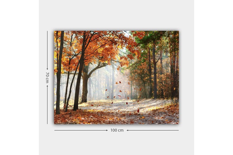 Canvastavla 70x100 cm - Höstskogslandskap med fallande löv i varma färger - Orange / Brun / Grön - Inredning - Tavlor & konst - Canvastavlor