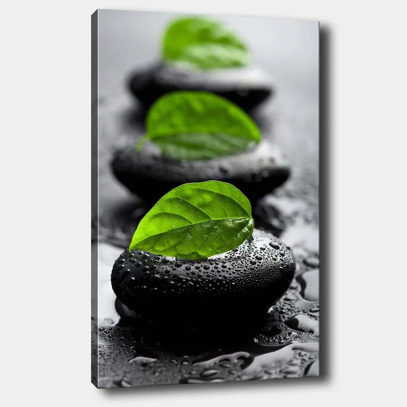 Canvastavla 70x100 cm - Harmonisk komposition av svarta stenar med gröna blad som symboliserar lugn och balans - Svart / Grön - Inredning - Tavlor & konst - Canvastavlor