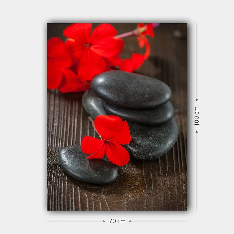Canvastavla 70x100 cm - Harmonisk komposition av svarta stenar och röda blommor som skapar en kontrasterande och lugn atmosfär - Röd / Svart - Inredning - Tavlor & konst - Canvastavlor