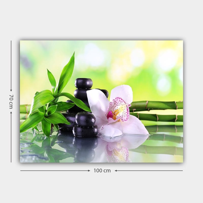 Canvastavla 70x100 cm - Harmonisk komposition med svarta stenar, en vit orkidé och gröna bambuskott - Svart / Grön / Vit - Inredning - Tavlor & konst - Canvastavlor