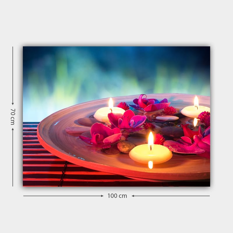 Canvastavla 70x100 cm - Harmonisk skål med flytande blommor och ljus som skapar en lugn atmosfär - Rosa / Vit / Brun - Inredning - Tavlor & konst - Canvastavlor
