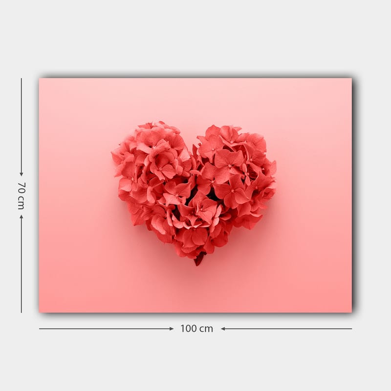 Canvastavla 70x100 cm - Hjärtformad komposition av blommor i en romantisk och lekfull stil - Korallröd / Ljusrosa - Inredning - Tavlor & konst - Canvastavlor