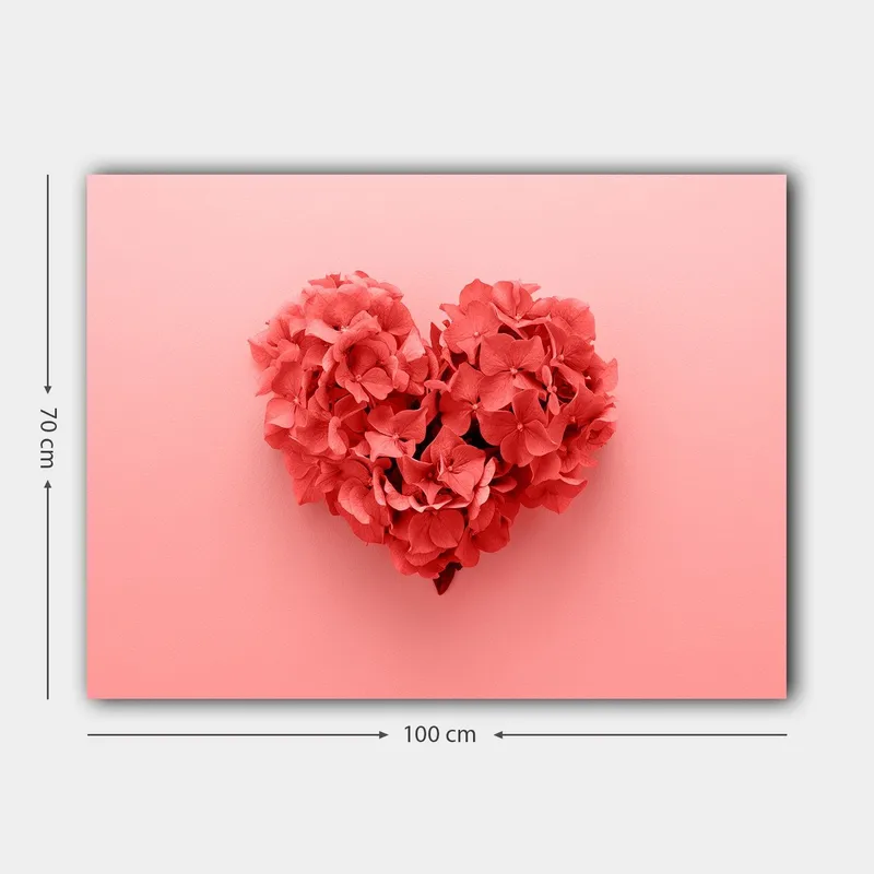 Canvastavla 70x100 cm - Hjärtformad komposition av blommor i en romantisk och lekfull stil - Korallröd / Ljusrosa - Inredning - Tavlor & konst - Canvastavlor