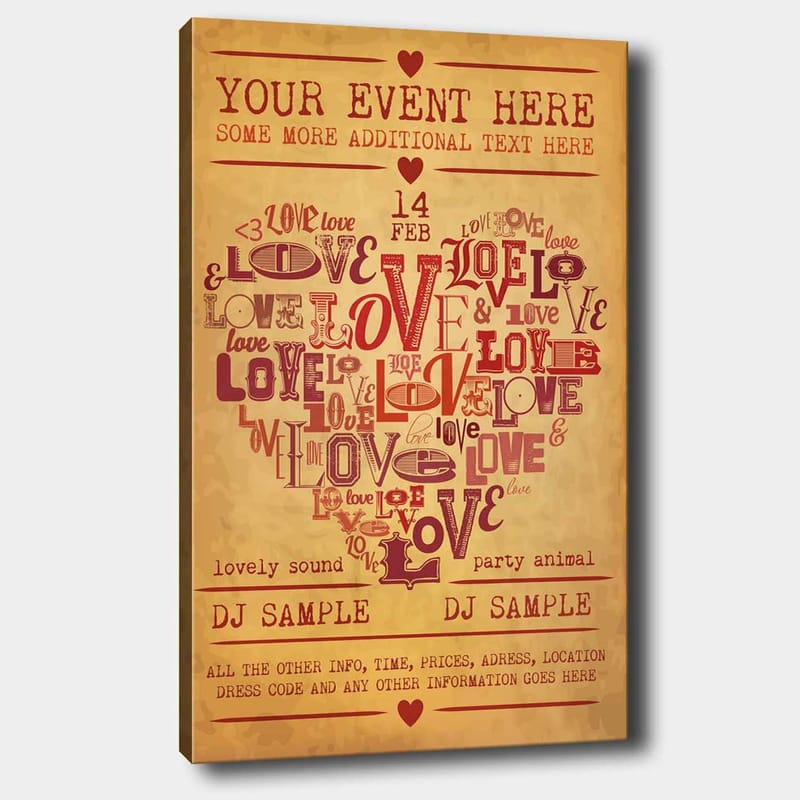 Canvastavla 70x100 cm - Hjärtformad komposition av ord som uttrycker kärlek och romantik - Röd / Mörkröd / Beige - Inredning - Tavlor & konst - Canvastavlor