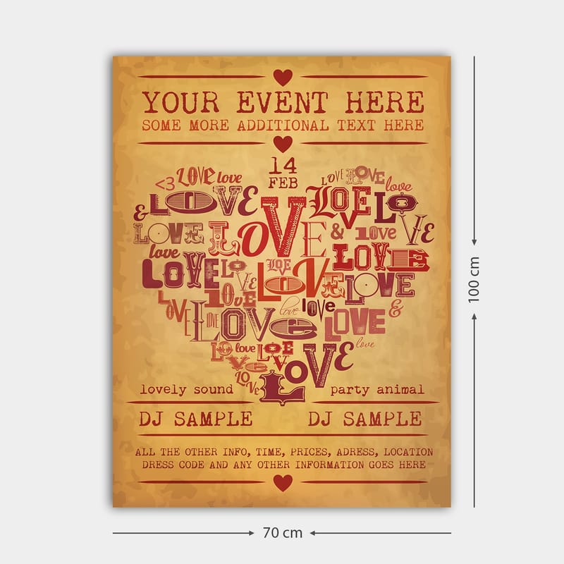 Canvastavla 70x100 cm - Hjärtformad komposition av ord som uttrycker kärlek och romantik - Röd / Mörkröd / Beige - Inredning - Tavlor & konst - Canvastavlor