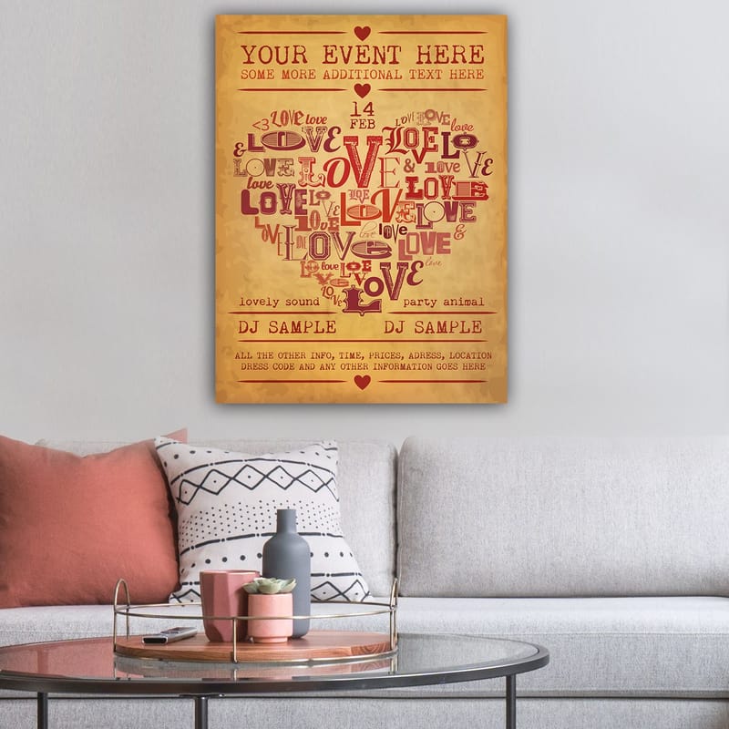 Canvastavla 70x100 cm - Hjärtformad komposition av ord som uttrycker kärlek och romantik - Röd / Mörkröd / Beige - Inredning - Tavlor & konst - Canvastavlor