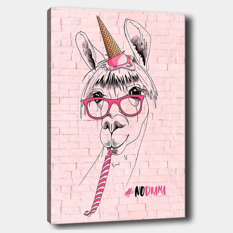 Canvastavla 70x100 cm - Humoristisk illustration av en lama med glasögon och en unicorn-hatt, Rosa / Svart / Vit