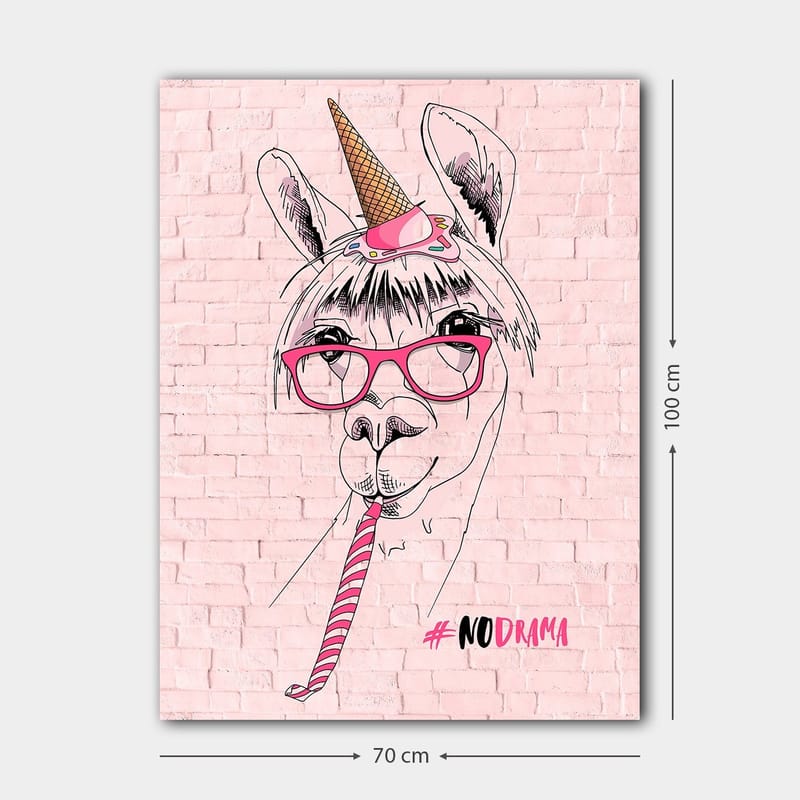 Canvastavla 70x100 cm - Humoristisk illustration av en lama med glasögon och en unicorn-hatt - Rosa / Svart / Vit - Inredning - Tavlor & konst - Canvastavlor