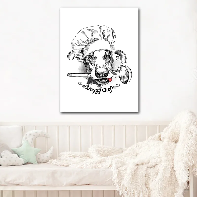 Canvastavla 70x100 cm - Hundklädd kock med en sked i munnen, Svart / Vitt / Grått