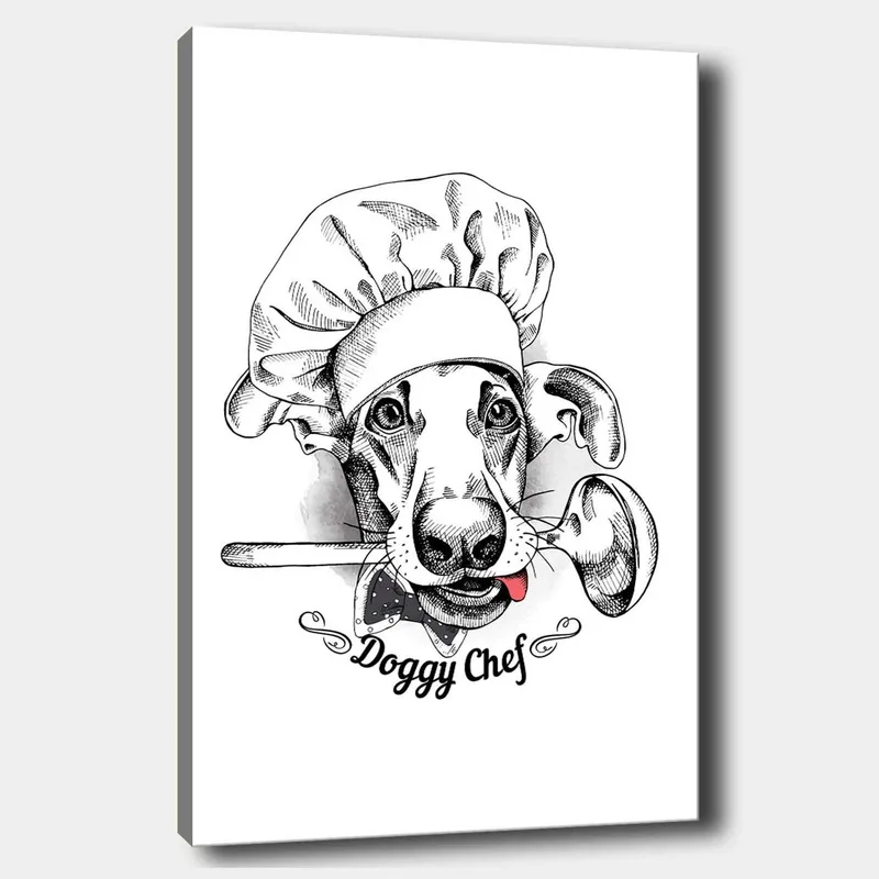 Canvastavla 70x100 cm - Hundklädd kock med en sked i munnen - Svart / Vitt / Grått - Inredning - Tavlor & konst - Canvastavlor