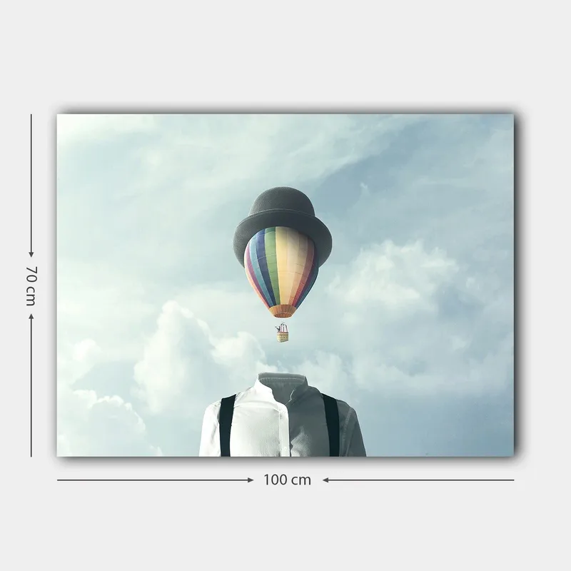 Canvastavla 70x100 cm - Huvudlös man i vit skjorta och svart hatt, med en färgglad luftballong svävande ovanför - Vit / Svart / Regnbågsfärgad - Inredning - Tavlor & konst - Canvastavlor