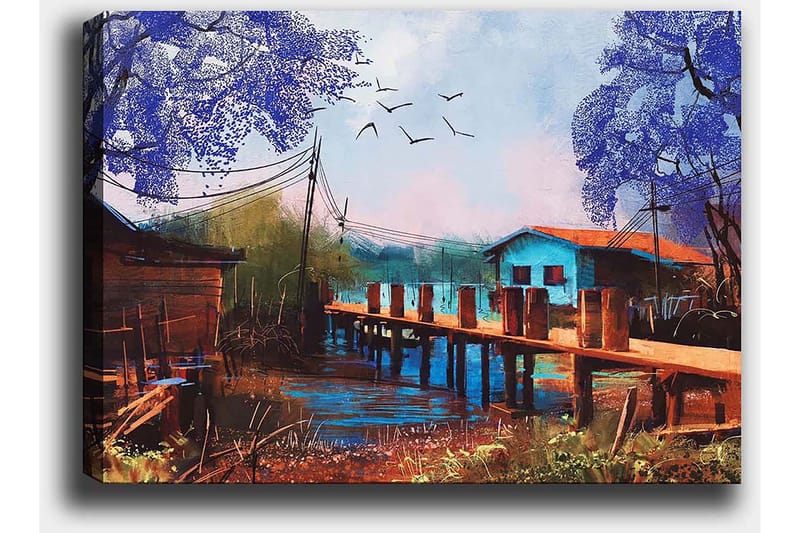 Canvastavla 70x100 cm - Idyllisk landskapsmålning med en brygga som sträcker sig över en stilla vattenyta, omgiven av färgglada hus och träd i lila nyanser - Lila / Blå / Brun - Inredning - Tavlor & konst - Canvastavlor
