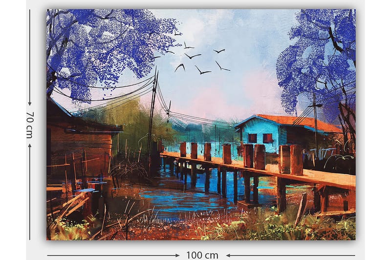 Canvastavla 70x100 cm - Idyllisk landskapsmålning med en brygga som sträcker sig över en stilla vattenyta, omgiven av färgglada hus och träd i lila nyanser - Lila / Blå / Brun - Inredning - Tavlor & konst - Canvastavlor