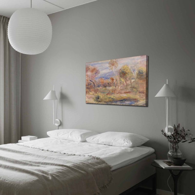 Canvastavla 70x100 cm - Idyllisk landskapsmålning med träd och en spegelblanka sjö i förgrunden, Ljusgrön / Beige / Ljusblå