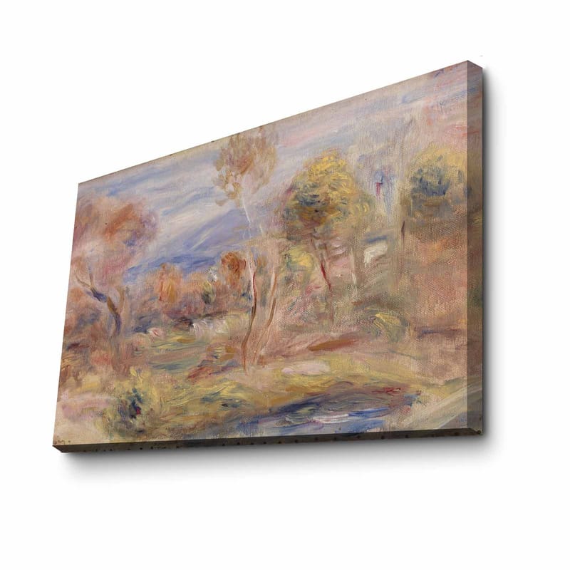 Canvastavla 70x100 cm - Idyllisk landskapsmålning med träd och en spegelblanka sjö i förgrunden - Ljusgrön / Beige / Ljusblå - Inredning - Tavlor & konst - Canvastavlor