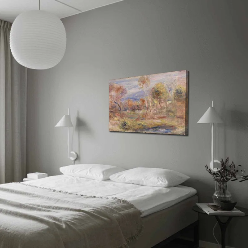 Canvastavla 70x100 cm - Idyllisk landskapsmålning med träd och en spegelblanka sjö i förgrunden, Ljusgrön / Beige / Ljusblå