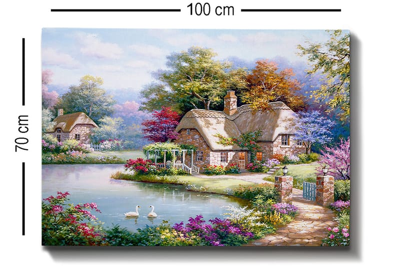 Canvastavla 70x100 cm - Idyllisk landskapsmålning med pittoreska stugor vid en sjö omgiven av blomstrande träd och buskar - Grön / Rosa / Blå - Inredning - Tavlor & konst - Canvastavlor