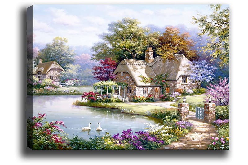 Canvastavla 70x100 cm - Idyllisk landskapsmålning med pittoreska stugor vid en sjö omgiven av blomstrande träd och buskar - Grön / Rosa / Blå - Inredning - Tavlor & konst - Canvastavlor