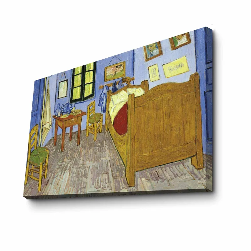 Canvastavla 70x100 cm - Inbjudande och färgglad skildring av ett rum med en säng, stolar och ett bord - Blå / Gul / Brun - Inredning - Tavlor & konst - Canvastavlor