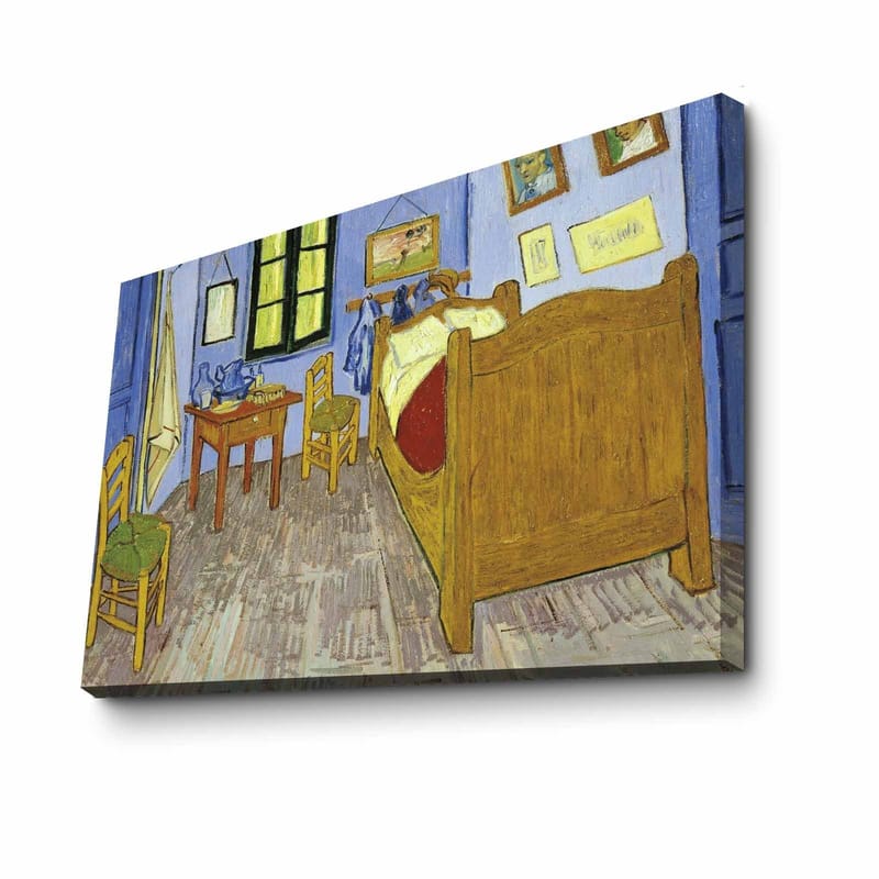 Canvastavla 70x100 cm - Inbjudande och färgglad skildring av ett rum med en säng, stolar och ett bord - Blå / Gul / Brun - Inredning - Tavlor & konst - Canvastavlor