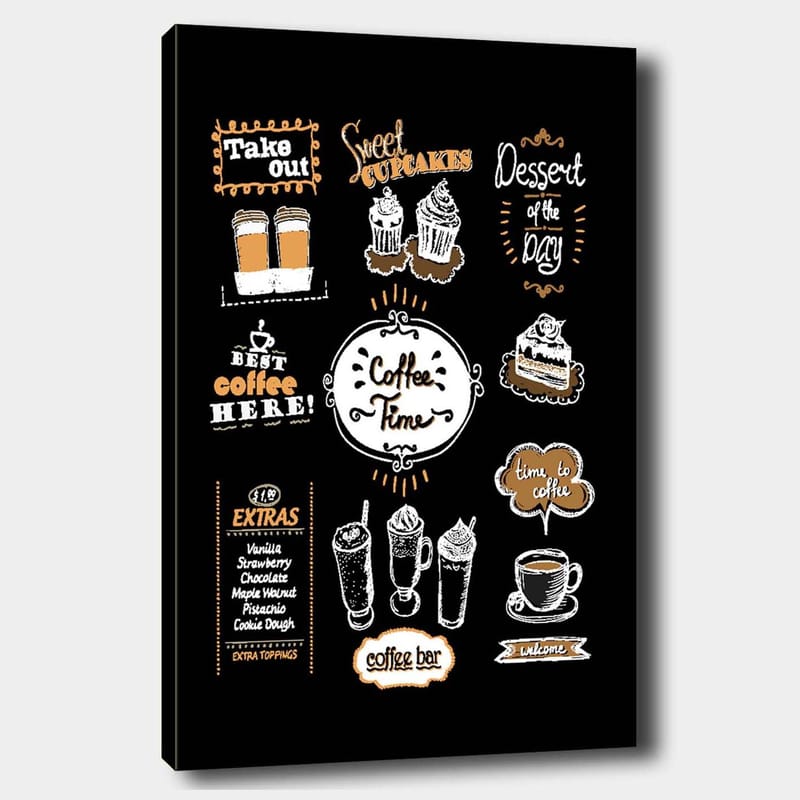 Canvastavla 70x100 cm - Inbjudande tavla med kaffetema som framhäver olika kaffedrycker och bakverk, Vit / Orange / Svart