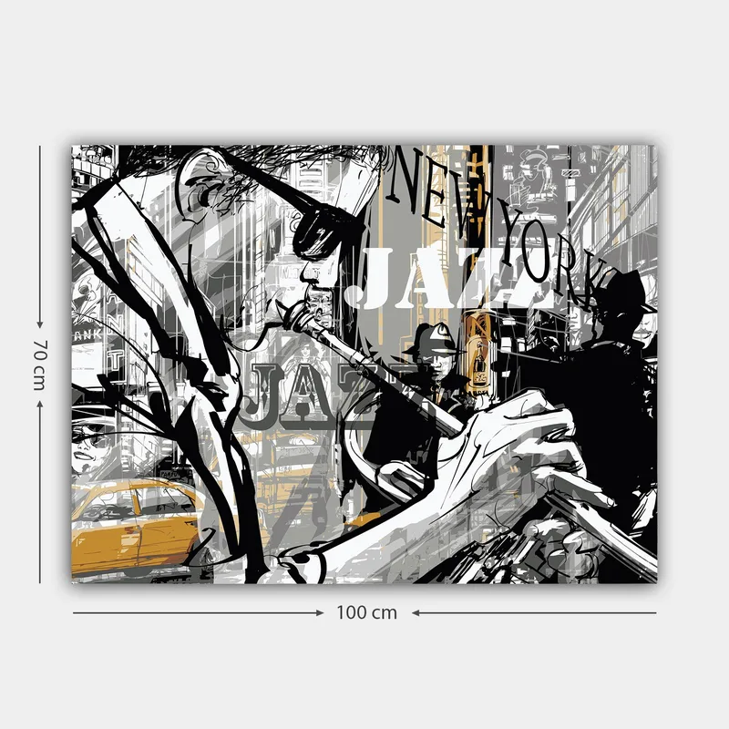 Canvastavla 70x100 cm - Jazzmusiker som spelar trumpet i en livlig stadsbild av New York - Svart / Grå / Gul - Inredning - Tavlor & konst - Canvastavlor