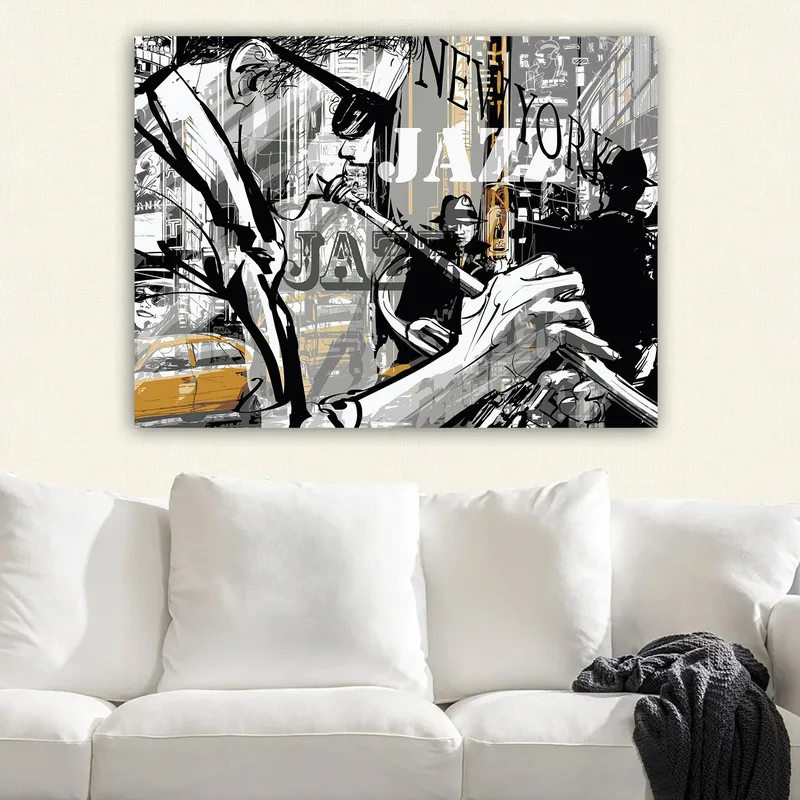 Canvastavla 70x100 cm - Jazzmusiker som spelar trumpet i en livlig stadsbild av New York - Svart / Grå / Gul - Inredning - Tavlor & konst - Canvastavlor