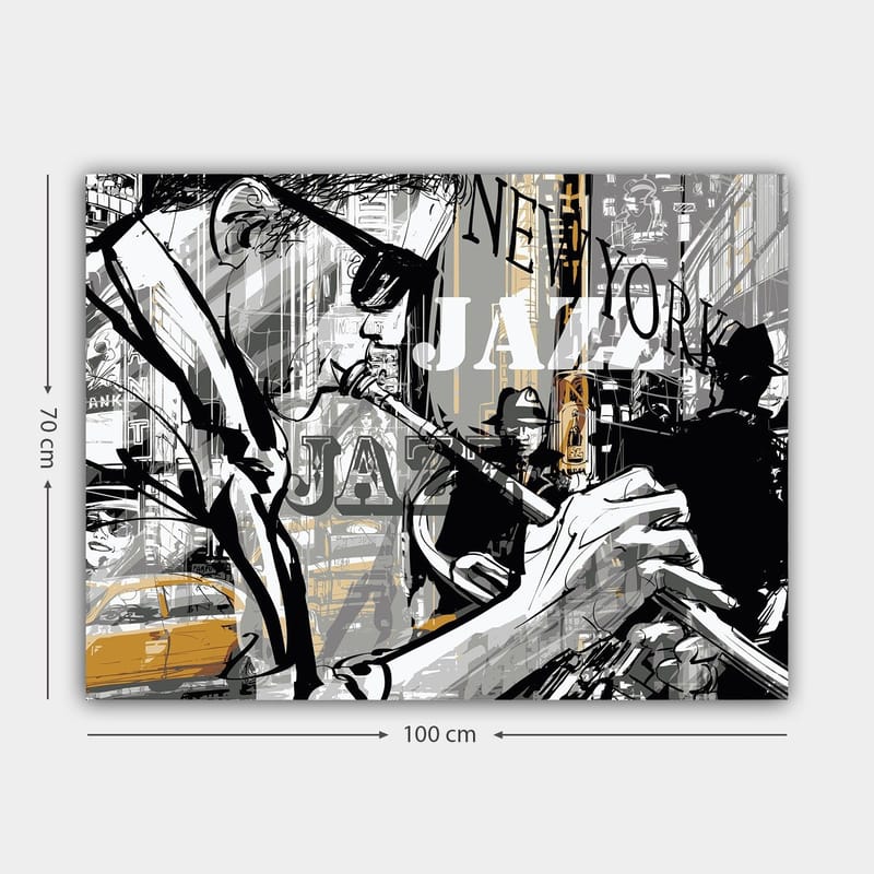 Canvastavla 70x100 cm - Jazzmusiker som spelar trumpet i en livlig stadsbild av New York - Svart / Grå / Gul - Inredning - Tavlor & konst - Canvastavlor