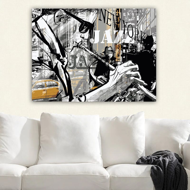 Canvastavla 70x100 cm - Jazzmusiker som spelar trumpet i en livlig stadsbild av New York - Svart / Grå / Gul - Inredning - Tavlor & konst - Canvastavlor