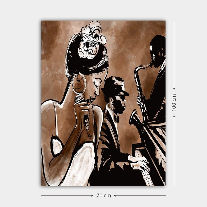 Canvastavla 70x100 cm - Jazzsångerska som framför en låt med musiker i bakgrunden - Brun / Svart / Vit - Inredning - Tavlor & konst - Canvastavlor