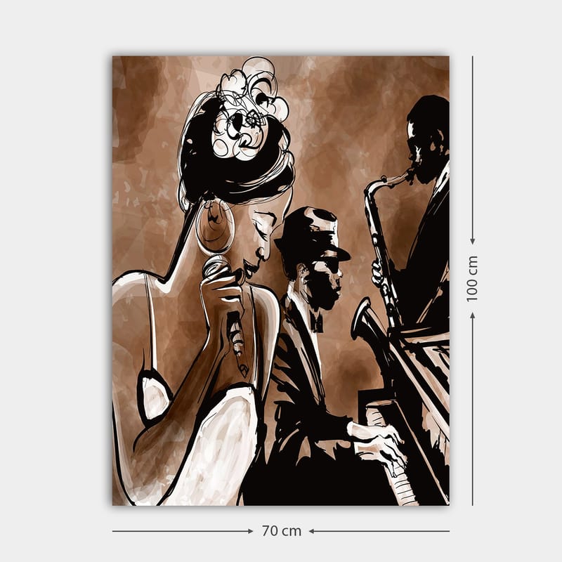 Canvastavla 70x100 cm - Jazzsångerska som framför en låt med musiker i bakgrunden - Brun / Svart / Vit - Inredning - Tavlor & konst - Canvastavlor