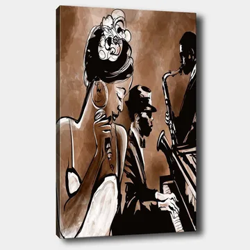 Canvastavla 70x100 cm - Jazzsångerska som framför en låt med musiker i bakgrunden - Brun / Svart / Vit - Inredning - Tavlor & konst - Canvastavlor