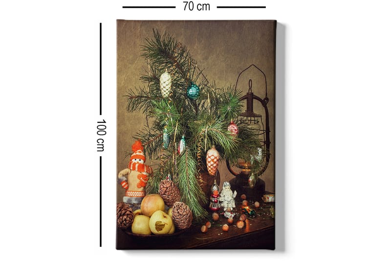 Canvastavla 70x100 cm - Juldekoration med gran, dekorationer och frukter - Grön / Röd / Beige - Inredning - Tavlor & konst - Canvastavlor