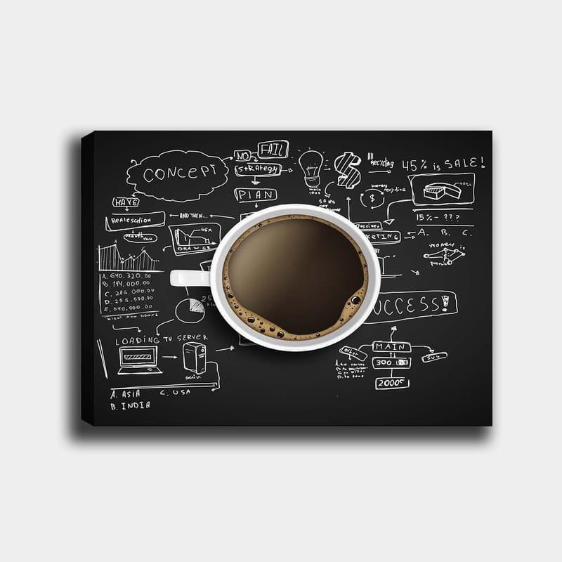 Canvastavla 70x100 cm - Kaffekopp med svart kaffe omgiven av handskrivna anteckningar och diagram som symboliserar affärsstrategi och kreativitet, Svart / Brun / Vit